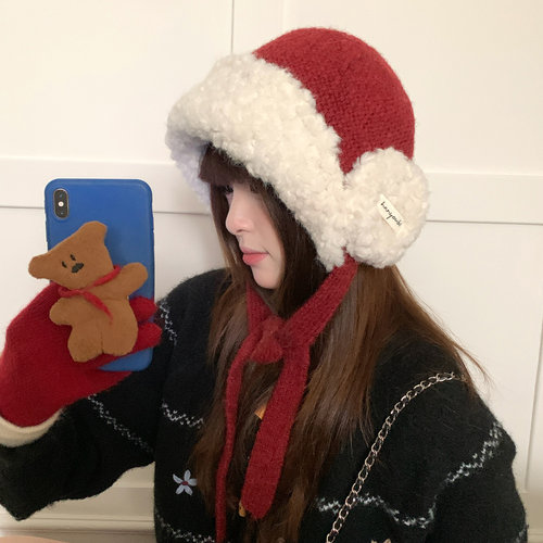 秋冬季毛绒加厚红色护耳毛线帽子