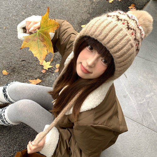 含羊毛费尔岛提花毛线帽子女冬季