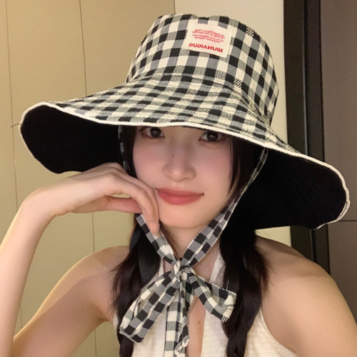韩版格子系带渔夫帽大帽檐显脸小