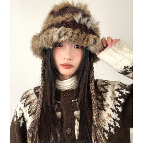 秋冬氛围感拼色毛绒保暖毛线帽女