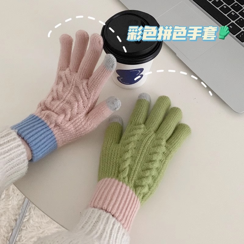 触屏秋冬天韩版男女学生可爱毛线针织手套加绒加厚保暖骑车ins风
