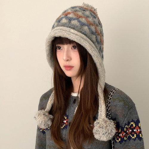 冬季复古费尔岛毛球提花针织帽女