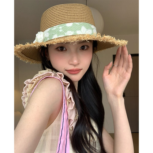 法式高级感花朵蝴蝶结编织草帽女