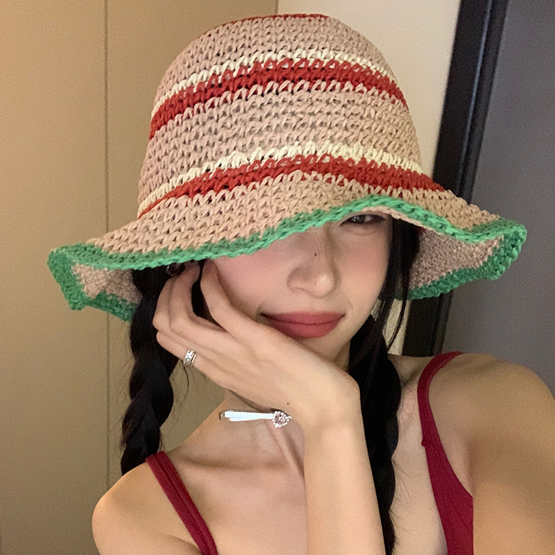 出游春夏编织拼色草帽百搭遮阳图片