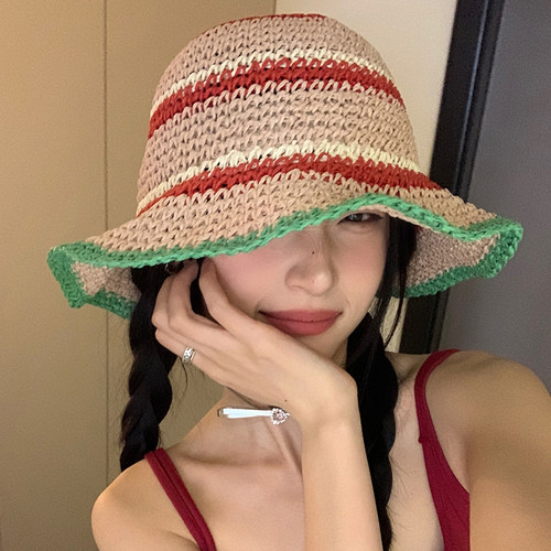 出游春夏编织拼色草帽百搭遮阳