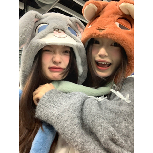 狐狸尼克毛绒帽子女大头围秋冬季 加厚保暖一捏耳朵会动护耳帽百搭