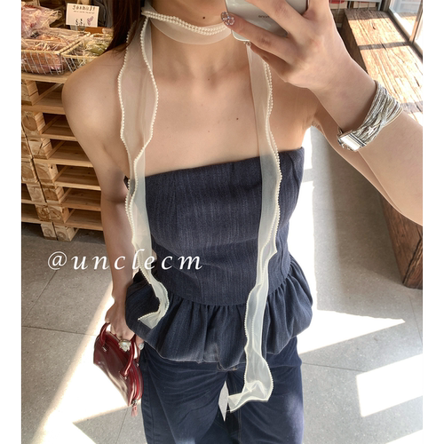 氛围感仿珍珠边蕾丝长条丝巾女