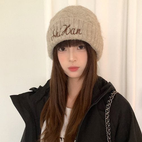冬季加厚刺绣字母红色针织帽女