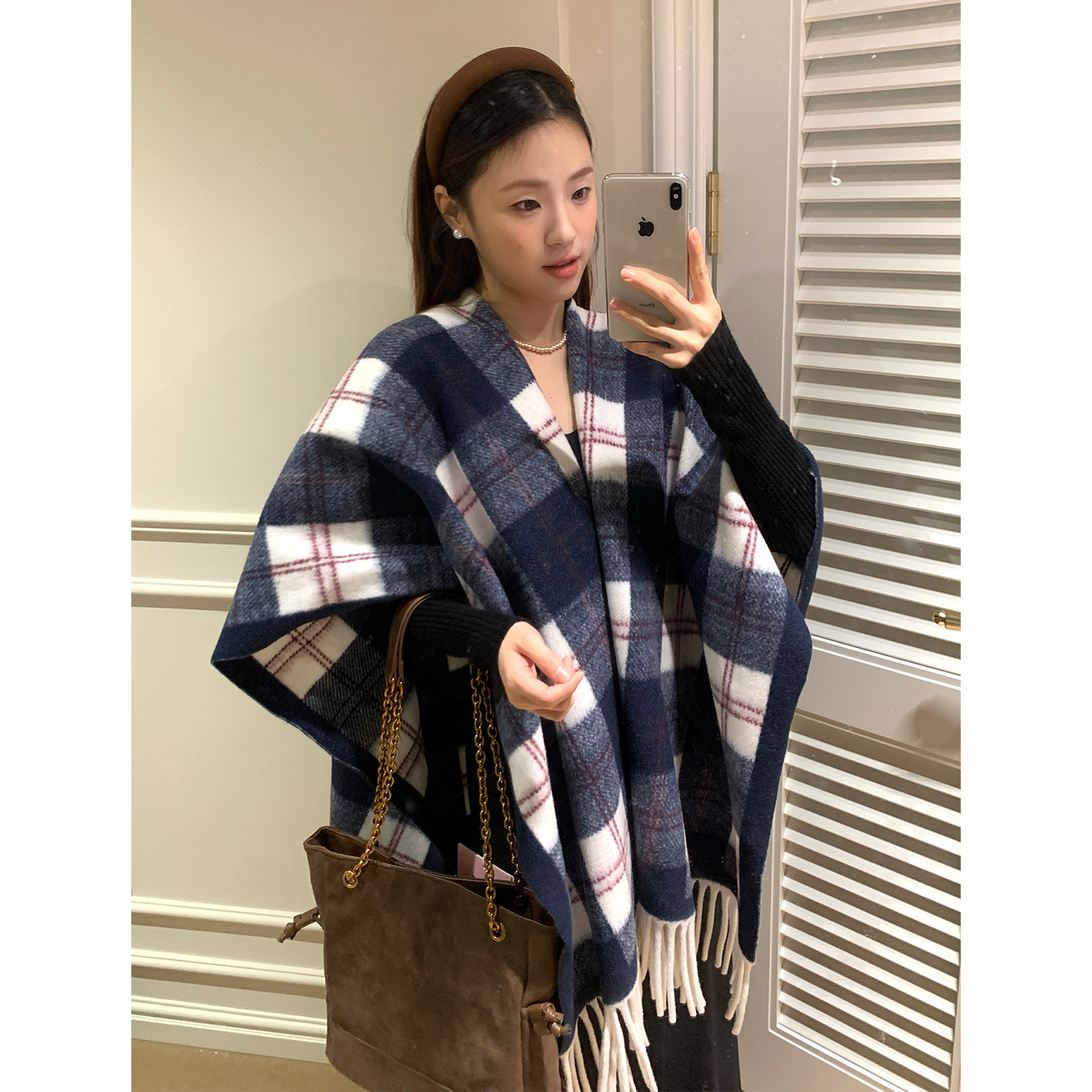 复古蓝格子流苏大披肩女款冬季