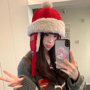 红色毛绒雷锋帽子女款 大头围加厚护耳帽防寒系带保暖套头帽子 冬季