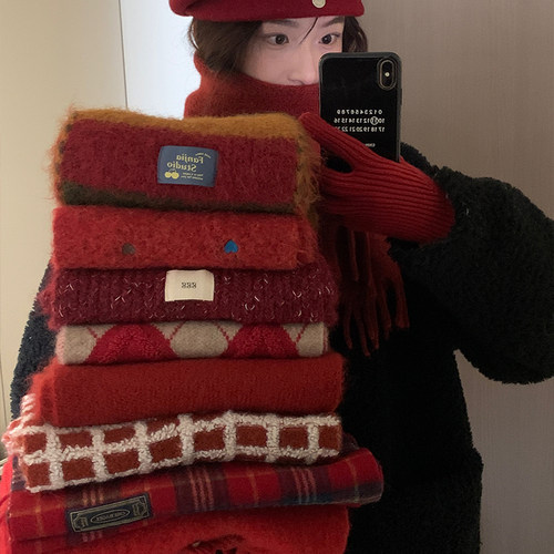 新年圣诞红围巾女冬季