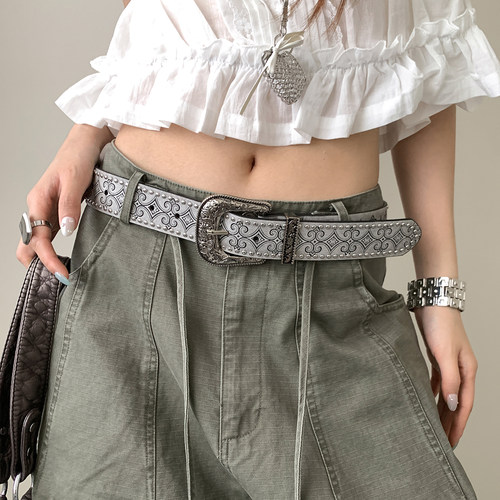 重工朋克风银白雕花铆钉腰带女