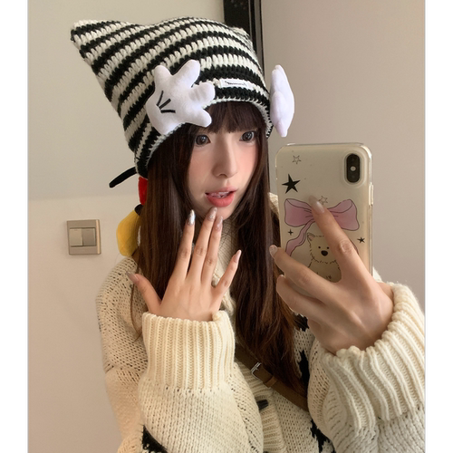 可爱屁屁条纹针织包头帽子女