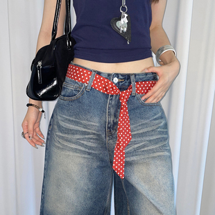 美式 带高级感复古收腰皮带配饰女 红色波点细长腰带丝巾裙子牛仔裤