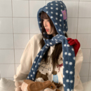 韩版 秋冬保暖围脖护耳显脸小套头帽女 毛绒可爱波点帽子围巾一体式