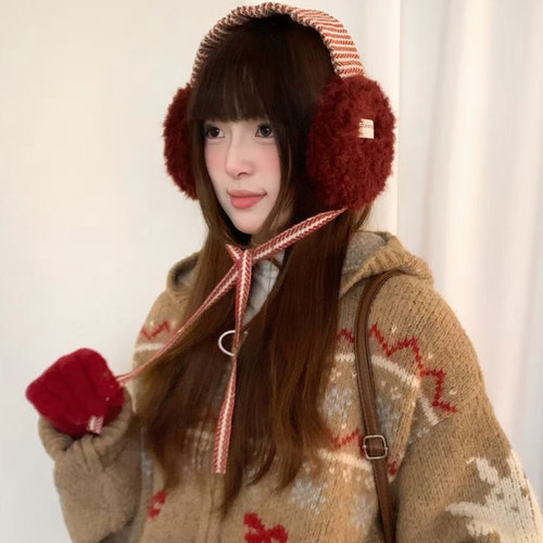 复古格纹羊羔绒红色耳罩女冬季