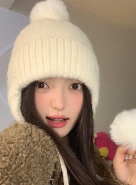 韩版秋冬季护耳白色毛线帽