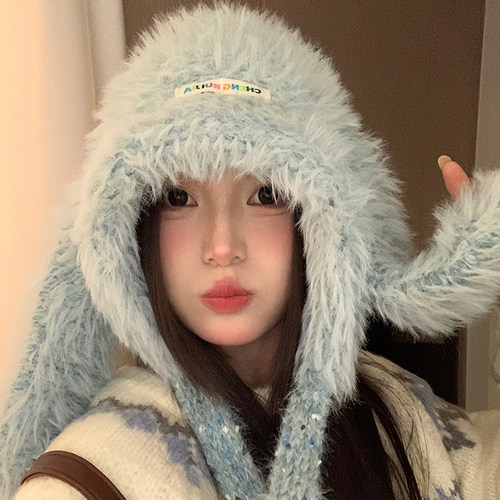 毛绒兔子耳朵可爱保暖毛线帽女