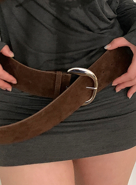 复古美式麂皮绒宽版腰带女小众个性收腰皮带配饰西部风棕色腰封潮