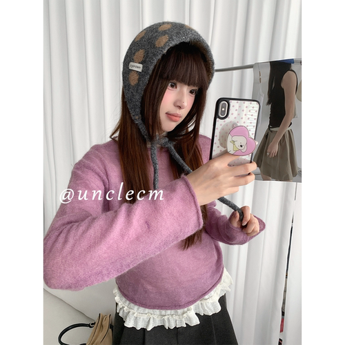 韩系氛围感撞色波点系带耳罩女