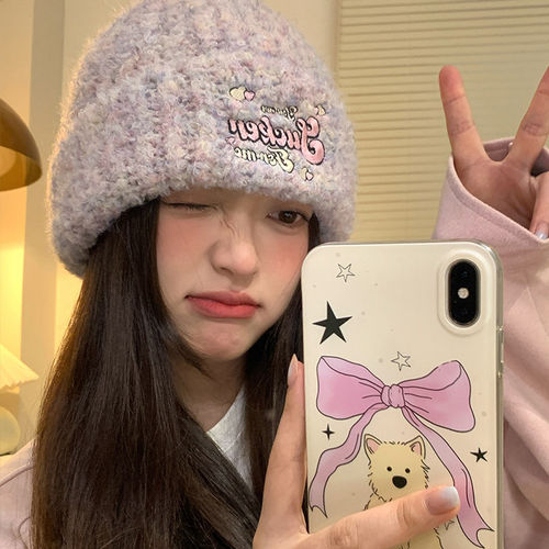 韩系可爱字母灰色毛线帽子女冬季