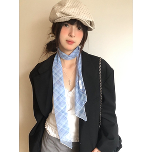 韩系高级感蓝色格纹丝巾女长条薄款网纱系脖围巾百搭领巾飘带配饰