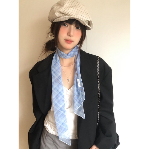 韩系高级感蓝色格纹丝巾女