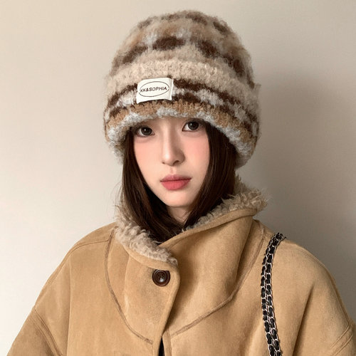 含羊毛加厚毛绒针织帽子女冬季