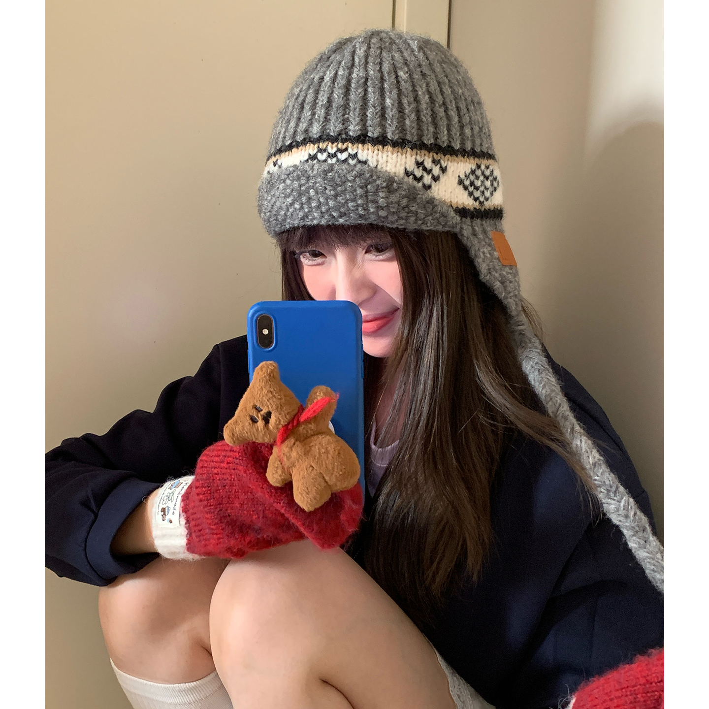 复古费尔岛提花护耳针织帽女