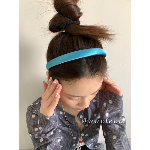 复古蓝色缎面细发箍女高级感头箍