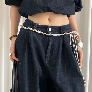 波西米亚串珠编织腰带女民族风贝壳腰绳细款 饰 高级感配裙子腰带装