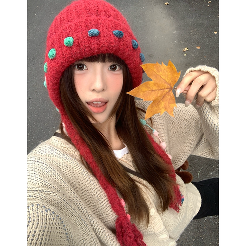 可爱毛球流苏红色针织帽子女冬季