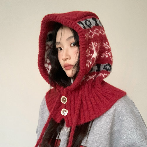 复古秋冬雪花条纹帽子围巾一体