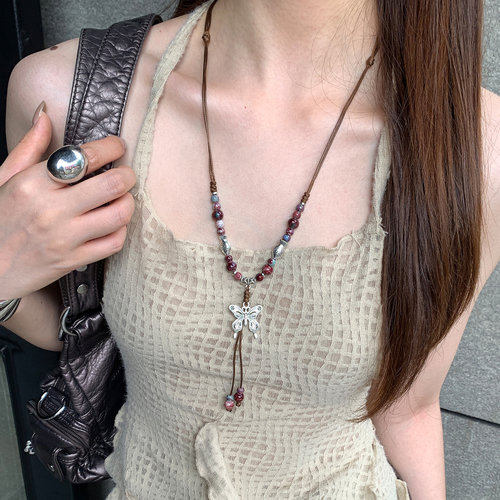 波西米亚风蝴蝶吊坠项链女