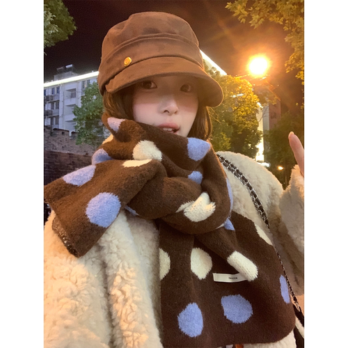 韩系氛围感撞色波点针织围巾女