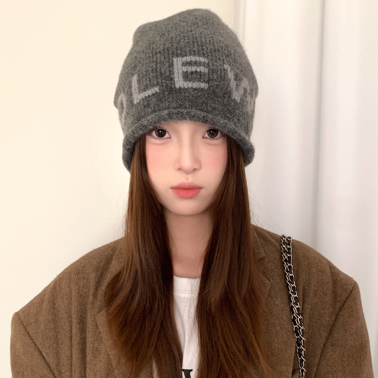 含羊毛小众卷边字母针织冷帽女冬