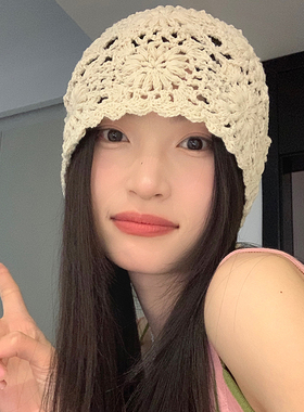 白色镂空编织包头帽子女日系薄款毛线帽2026新款针织帽堆蕾丝帽