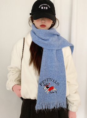 含羊毛卡通圣诞小鹿针织围巾女款秋冬季保暖护颈刺绣围脖百搭披肩