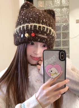 甜美可爱猫耳朵缝线纽扣针织帽子