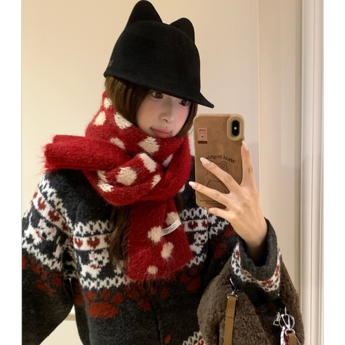 含羊毛撞色波点针织围巾女