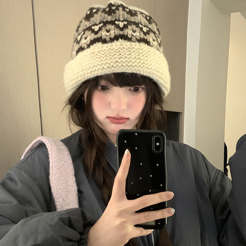 秋冬季复古费尔岛提花毛线帽女