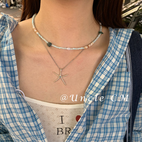 多巴胺氛围感蓝色串珠项链女