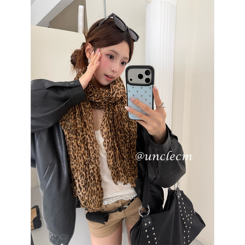 美式复古豹纹褶皱薄款系脖丝巾女