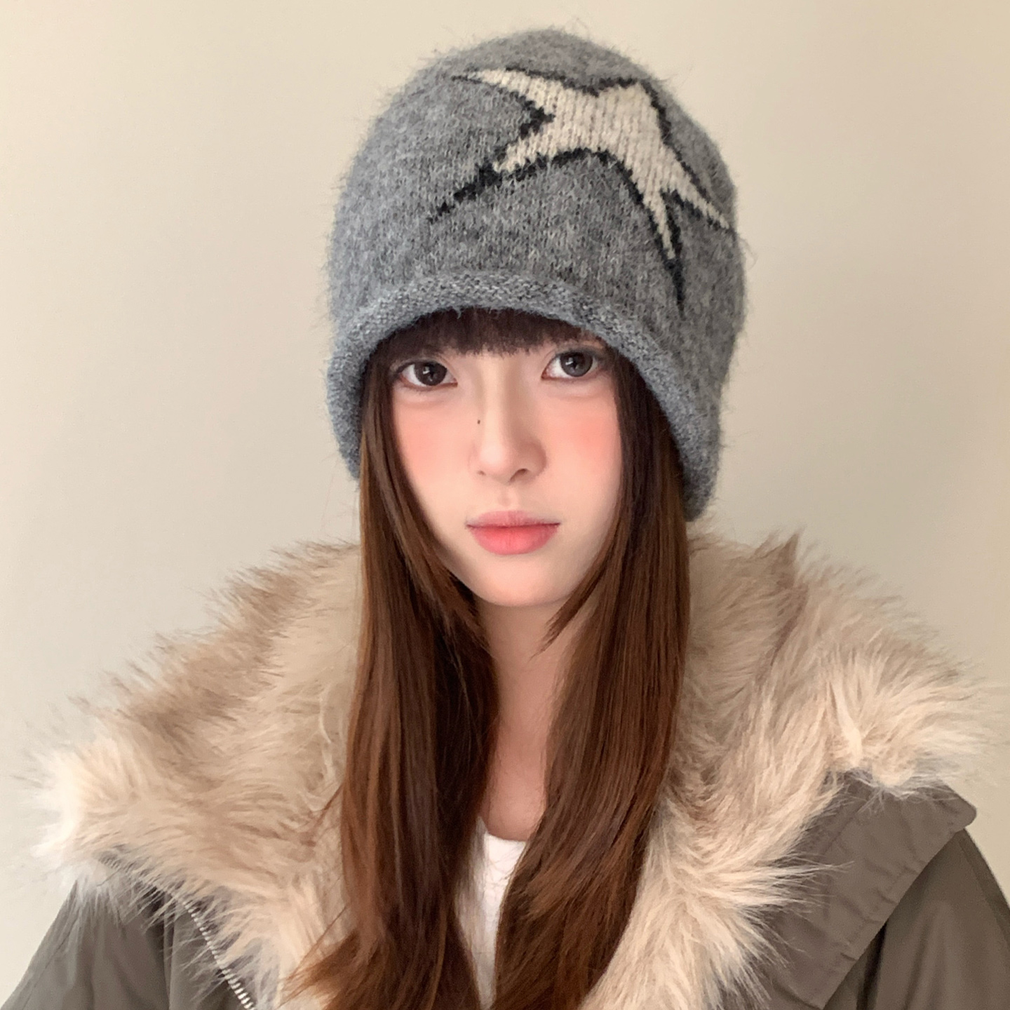 含羊毛卷边星星灰色针织冷帽女冬