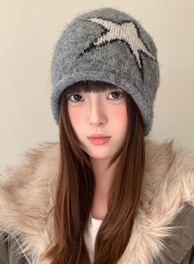 含羊毛卷边星星灰色针织冷帽女冬季大头围护耳堆堆帽显脸小毛线帽