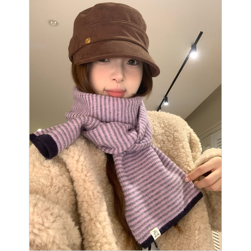 韩系氛围感细条纹针织小围巾女款