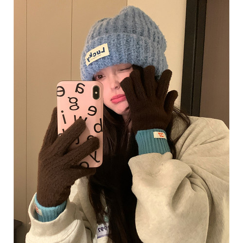 多巴胺拼接手套女秋冬季新款可触屏骑行五指手套全包保暖防寒骑车