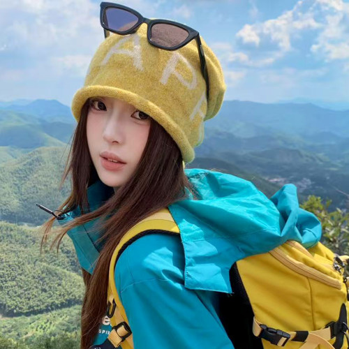 韩系字母卷边包头登山帽子女