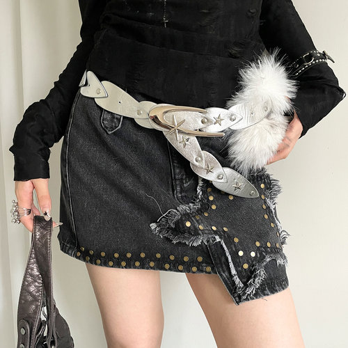 美式y2k铆钉毛毛拼接银色腰带女