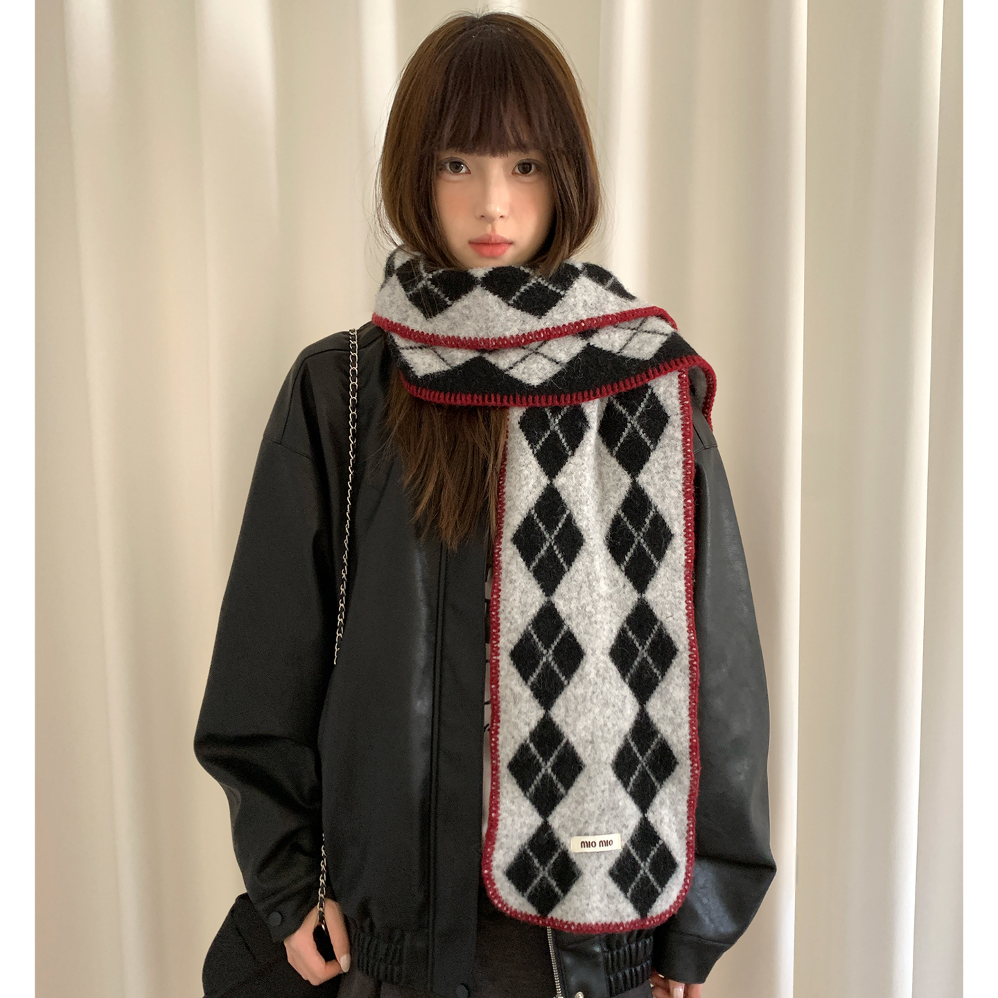 韩系高级感羊绒菱格针织围巾女